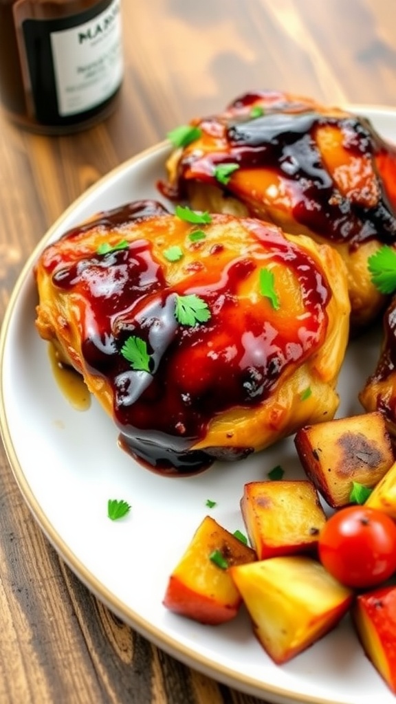 Plate of glazed chicken thighs with roasted vegetables on a rustic wooden table.